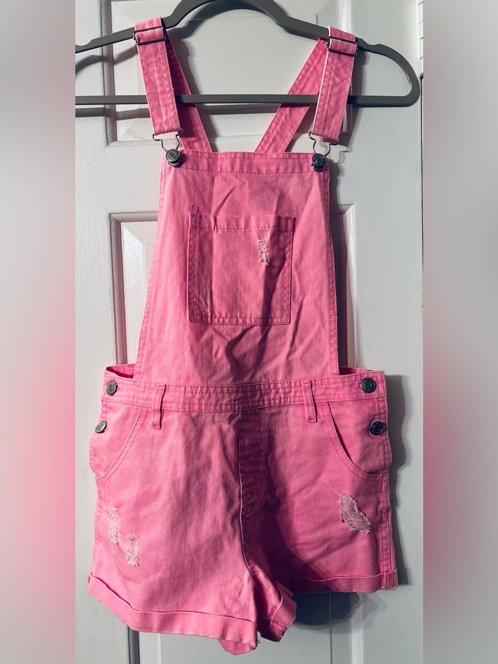 Denim&Co Pink Girls' Distressed Denim Short Overalls